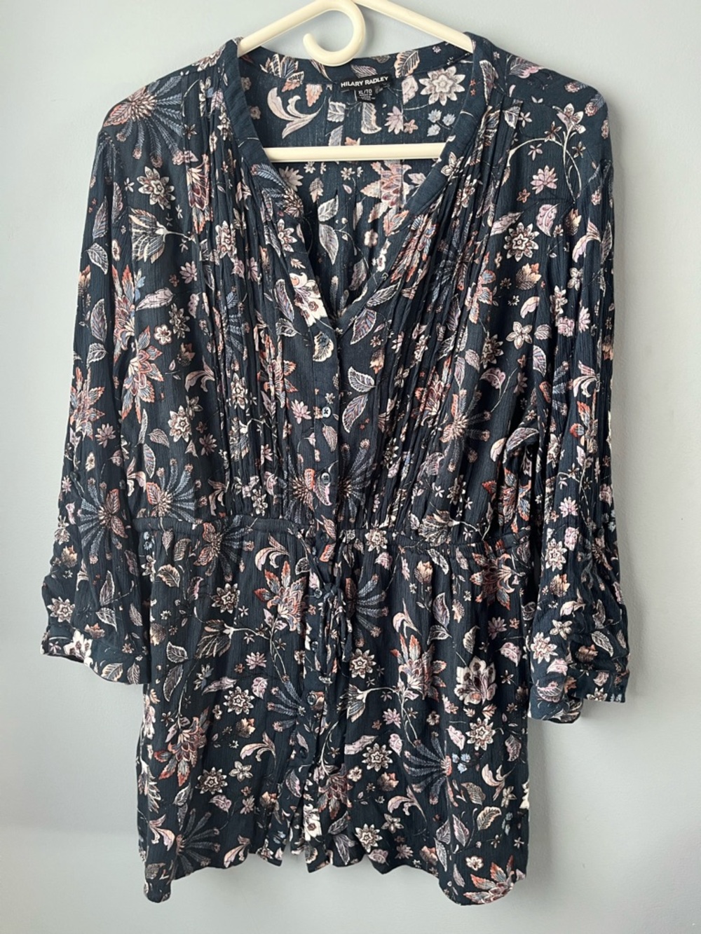 ✨ 3/$30 Hilary Radley Blue Floral Button & Tie-Front 3/4 Sleeve Blouse Size XL